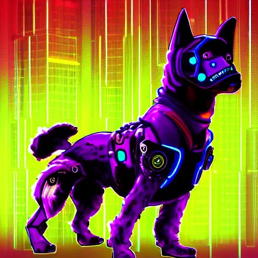 Prompt: cyberpunk dog, digital art