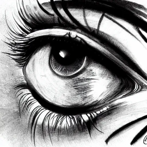 Image similar to highly detailed ink sketch of a human eye heavy black high contrast anatomical detail black and white