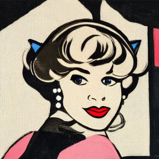 Prompt: a closeup oil portrait of an innocent, elegant cat, smiling, wearing pearl earrings, pop art, by roy lichtenstein