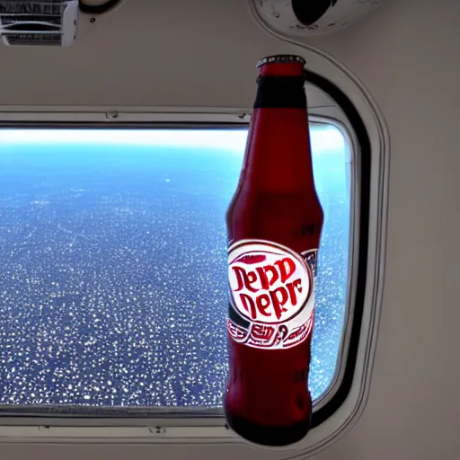 Prompt: Dr. Pepper bottle floating in space, viewed through the window of a spaceship