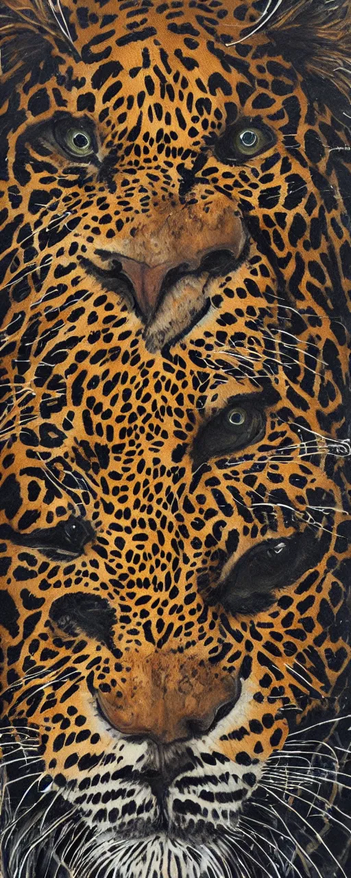 Image similar to an intricated and detailed painting of a shaman turning into a jaguar 4 k render