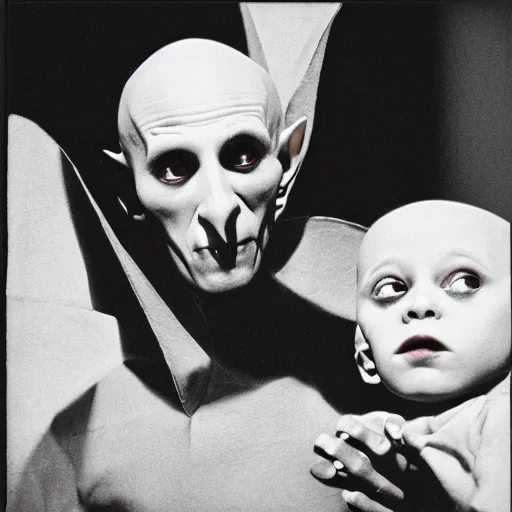 Image similar to portrait of nosferatu playing with his kid, realistic detailed photography, kodak 5 2 1 9 film, 5 0 mm lens