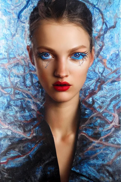 Prompt: hyperrealism oil painting, close up portrait, fashion model cyborg in black robe, soft light, soft colors, red waves pattern mixed with blue forest in front, in style of classicism