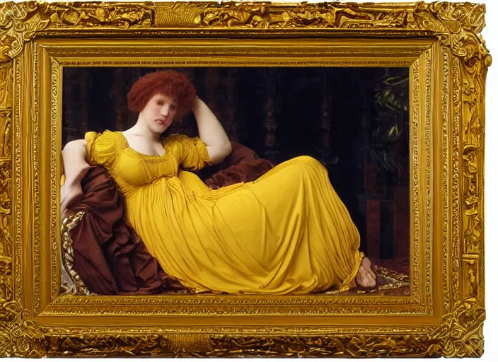 Image similar to portrait of lady reclining on bed wearing yellow ochre ornate medieval dress, framed, preraphaelite colour photography by frederic leighton, william morris, 8 k