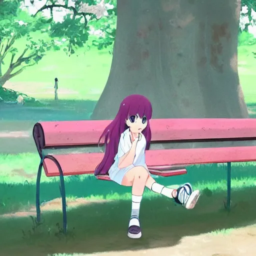 Image similar to a girl with pink hair in a school uniform sitting on a bench in a park, beautiful, perfect art, makoto shinkai