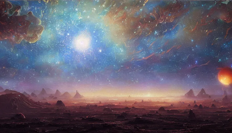 Prompt: A beautiful and intricate oil painting of planetary surface from a galaxy that existed 9 billion years after the big bang, hyperrealism concept art, dystopian celebration, swedish urban landscape, volumetric lighting, raytracing, cinematic widescreen shot, 8k resolution, ultra realistic painting by Simon Stalenhag and Thomas Kinkade Huge fireworks in the sky with a village located located near a large lake in a large plain where hundreds of people are celebrating, hyperdetailed, artstation, cgsociety, 8k