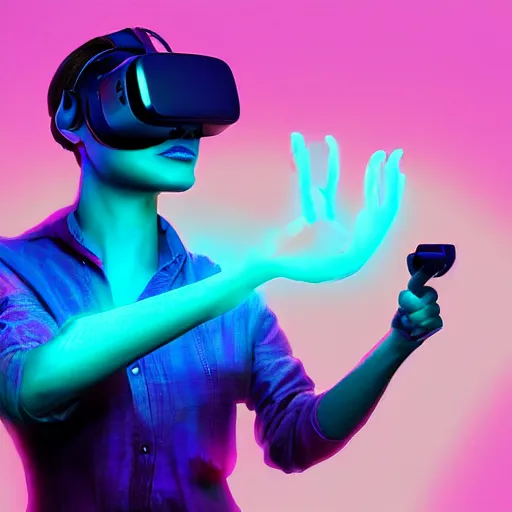 Image similar to digital art of a woman playing with a vr headset in a cyan and purple lit room greg rutkowski style