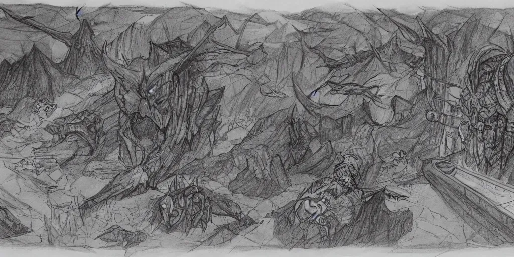 Image similar to concept artwork for a fantasy world, drawn by luke adam hawker, sketches, pencil drawings, ink and pen.