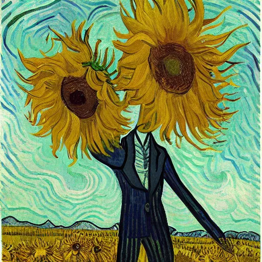 Prompt: slenderman standing in a field with colorful sunflowers by Vincent van Gogh