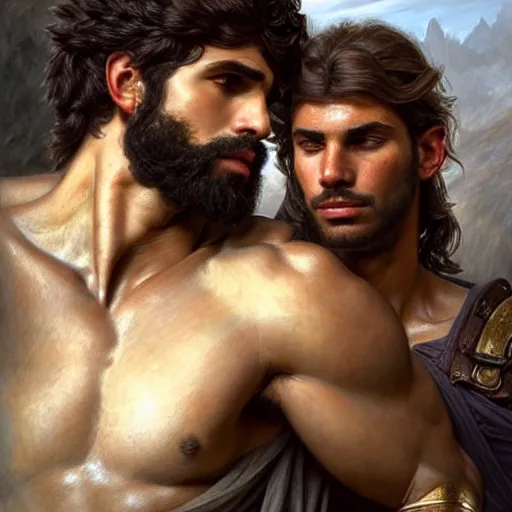 Prompt: very very very epic portrait of the greek man patroclus and his friend achilles, soft hair, muscular, half body, leather, hairy, d & d, fantasy, intricate, elegant, highly detailed, digital painting, artstation, concept art, smooth, sharp focus, illustration, art by artgerm and greg rutkowski and alphonse mucha