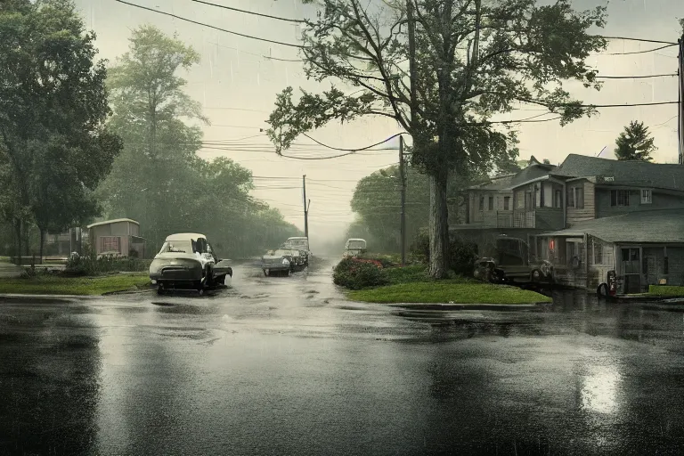 Prompt: a detailed photographic render of an american suburb by gregory crewdson, photoreal, 4 k, rain