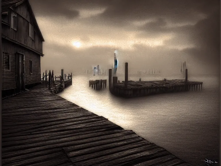 Prompt: a forgotten wharf on a cold sea by rob gonsalves and julie bell and ruth deckard and hubert robert, crisp details, hyperrealism, high contrast, low light, bokeh, long focal length, desaturated, grey mist, cobblestones, orange candle flames