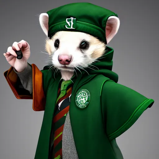 Image similar to a anthropomorphic ferret is dressed as a hogwarts student in slytherin robes, hyperdetailed, artstation, cgsociety, 8 k