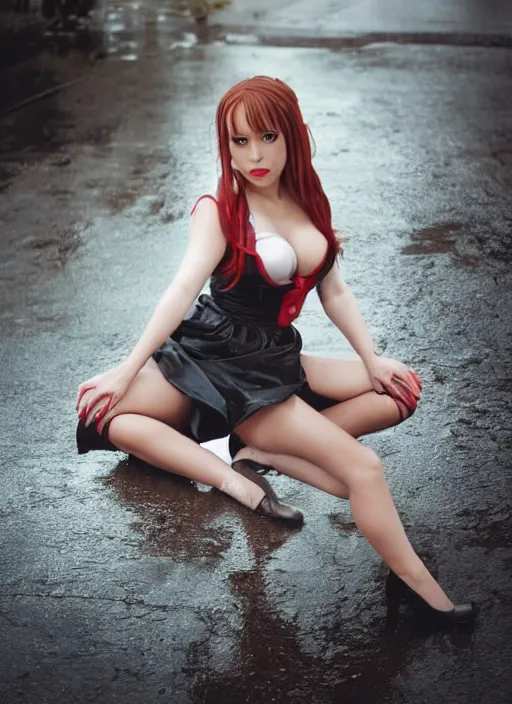 Image similar to pinup asuna from sao sitting on top of a wet sidewalk, a photo by rodolfo escalera, unsplash, hypermodernism, ominous vibe, ominous, apocalypse landscape