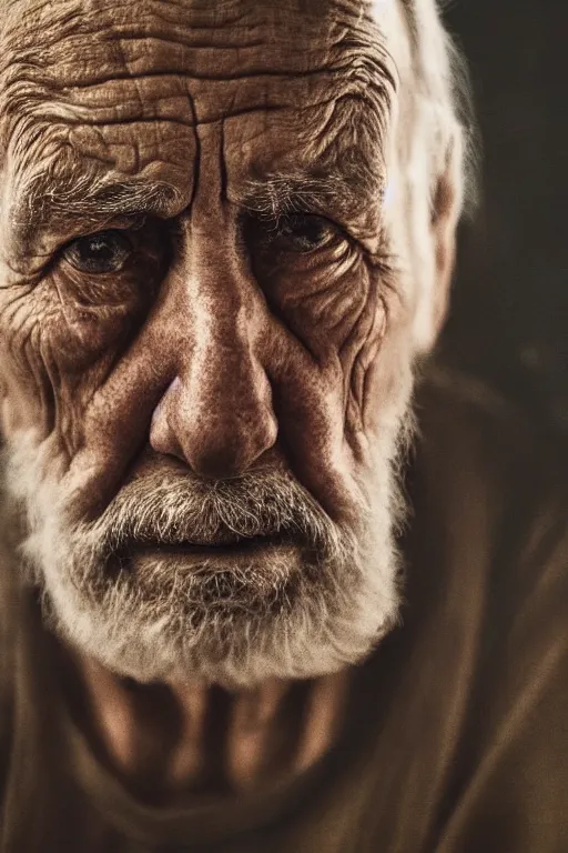 Image similar to a portrait of an old man with a solemn look and deep expression in his eyes, oil on canvas, highly detailed, strong lighting, cinematic, HD, 4K