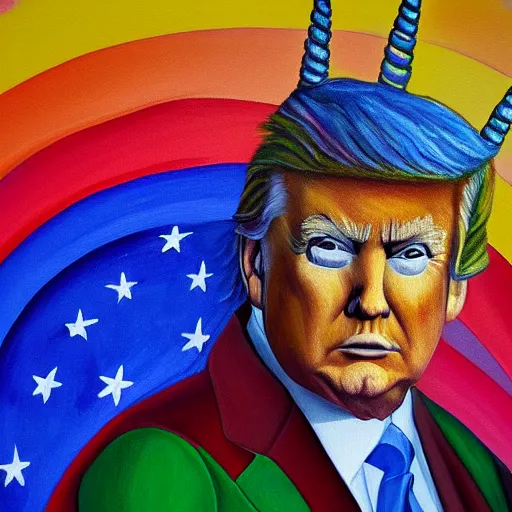 Image similar to a realistic painting of donald trump riding a rainbow unicorn