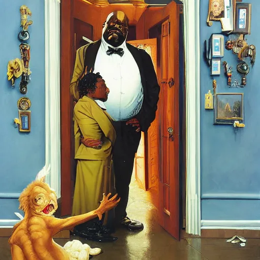 Image similar to dr. uncle ruckus telepathic space lord regally stands at the doorway of his palatial manse jamie wyeth greg rutkowski ralph steadman fernando botero norman rockwell acrylic painting