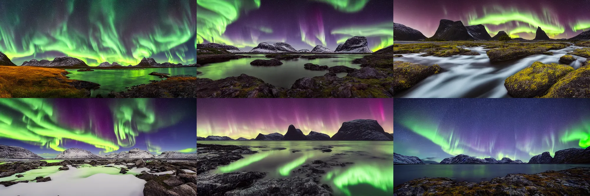 Image similar to a beautiful landscape photo in northern Norway by a famous landscape photographer, night sky with stars and green northern lights, long exposure, wide angle lens, rule of thirds