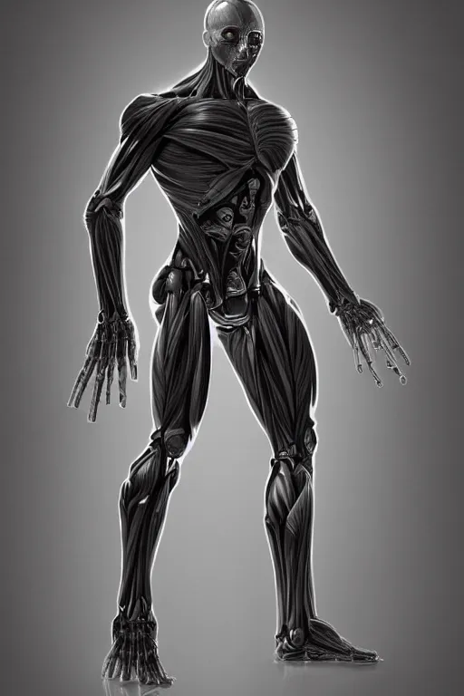 Prompt: full body mutant human anatomy concept, medical anatomy, cybernetic implants, gun metal grey, mecha limbs, muscular system reference, anatomical art, digital art, in the style of ruben alba, aaron sims, amanda lilleston, luka mivsek, bryan christie, ranjit ghosh, artstation, pinterest, deviantart, photoshop, octane render, unreal engine