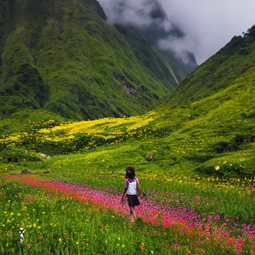 Prompt: girl walking thru the valley of flowers near the sea of dreams