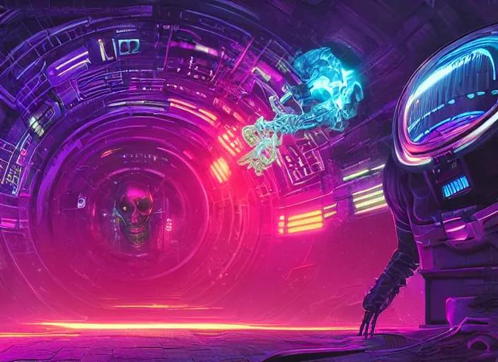 Image similar to a futuristic skull with glowing eyes and a wormhole tunnel, cyberpunk art by dan mumford, behance contest winner, computer art, darksynth, synthwave, rendered in cinema 4 d