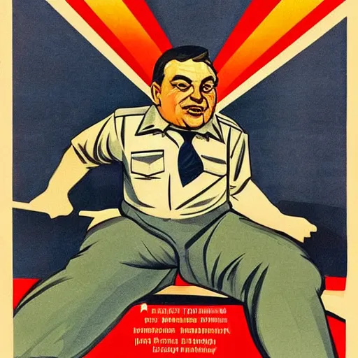 Image similar to portrait of leader of fascist hungary, viktor orban winning the national farting contest, soviet propaganda poster art from 1 9 5 0, colored, highly detailed illustration