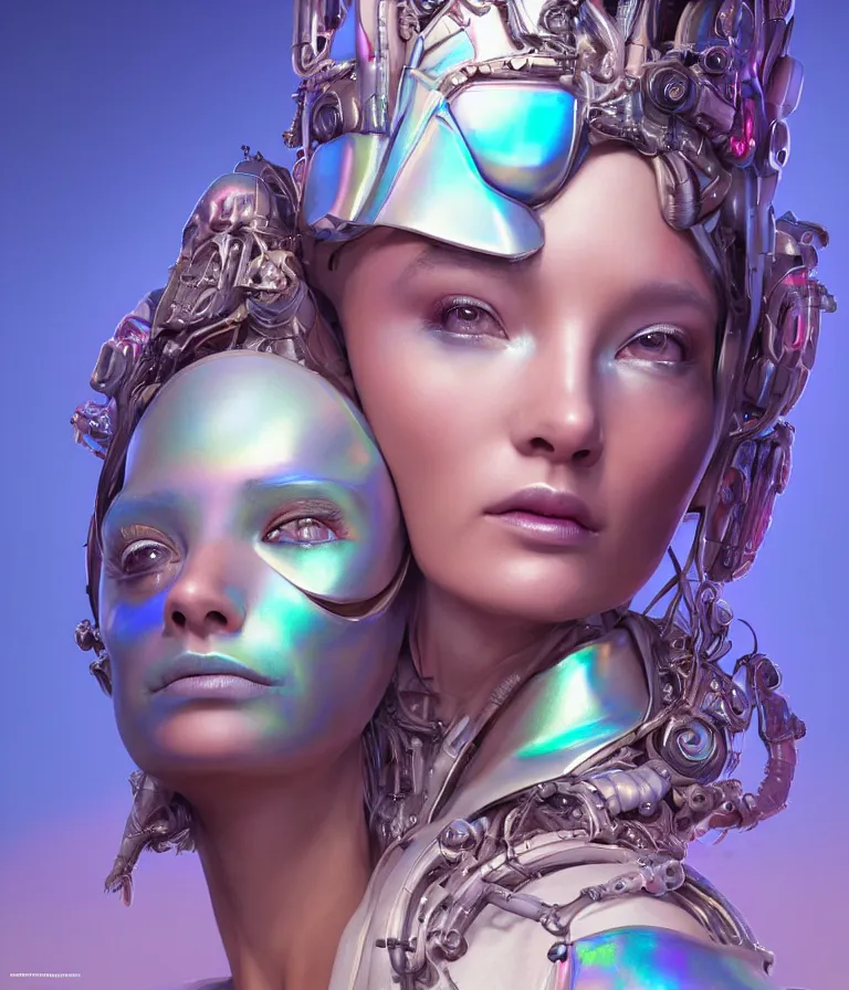 Image similar to iridescent portrait of a beautiful princess in robe. hard surface modelling. cyberpunk look. biomechanical mask. bio luminescent biomechanical halo around head. artwork by jarold Sng by artgerm, by Eddie Mendoza, by Peter mohrbacher by tooth wu, unreal engine, octane render, cinematic light, high details, iridescent colors, dichroic, macro, 4l