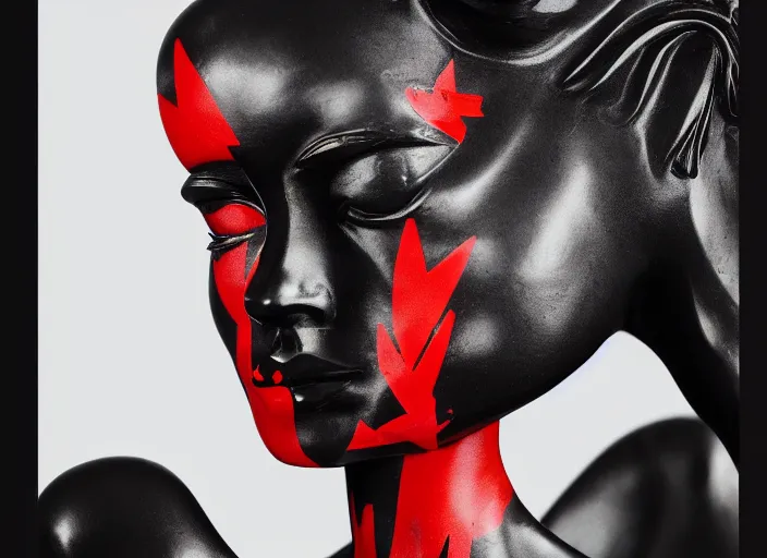 Prompt: extremely beautiful female black marble statue in the style of virgil abloh, colorful motocross logos behind her, sharp focus, clear, detailed,, cinematic, detailed, off white, glamourous, symmetrical, vogue, editorial, fashion, magazine shoot, glossy