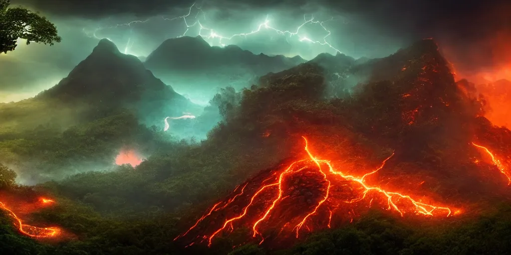 Image similar to boundary of two lands, green wild jungle vs dark mountain with lava, magic and lightning, epic, fantasy, D&D, intricate, upper body, highly detailed, sharp focus, cinematic lighting