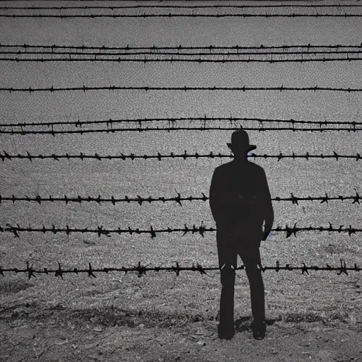 Prompt: a man standing in front of a fence with barbed wire, minimalism, dystopian art