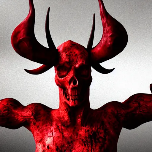 Image similar to god of death, dramatic pose, blood splatters, horns, red, 8 k, hyperrealistic, octane render, dramatic