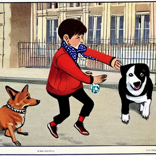 Image similar to book illustration of a french boy on the streets of paris playing football against a corgi, the dog is wearing a polka dot scarf, 1 9 6 6