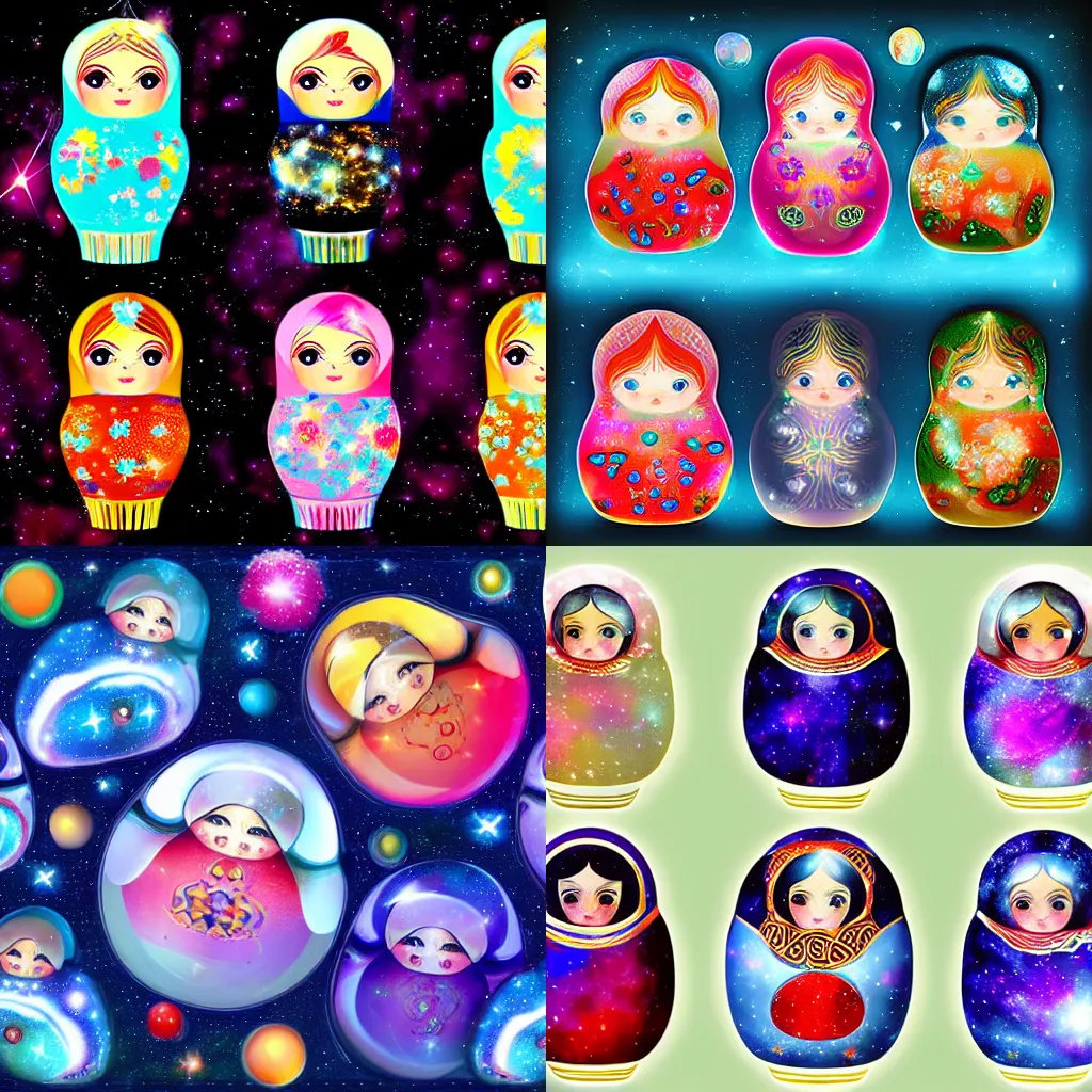 Prompt: russian dolls in cosmos with nebulas, galaxies and supernovas, digital art style