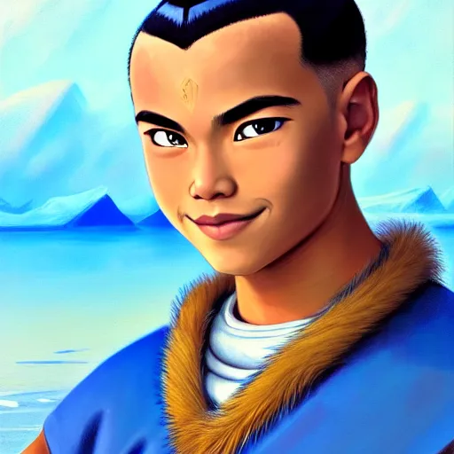 Image similar to beautiful serene intricate portrait of sokka from the water tribe as a young inuit man with blue eyes, smiling softly, relaxing on the beach, golden hour, soft focus, 8 k, art by irakli nadar, hyperrealism, hyperdetailed, ultra realistic