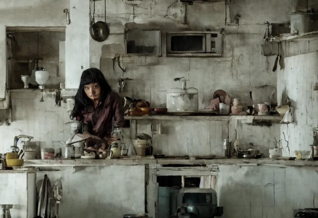 Image similar to movie still of a kitchen room, directed by joko anwar, 4 kuhd, award winning, highly detailed, cinematic