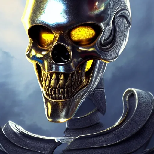 Image similar to high fantasy 1 9 8 0's wargame airbrushed artwork - inspired octane render, a giant silver reflective chrome android wearing a mask shaped like an intricately carved beautiful human skull with glowing laser eyes, golden giant battle armor, inside a futuristic army base