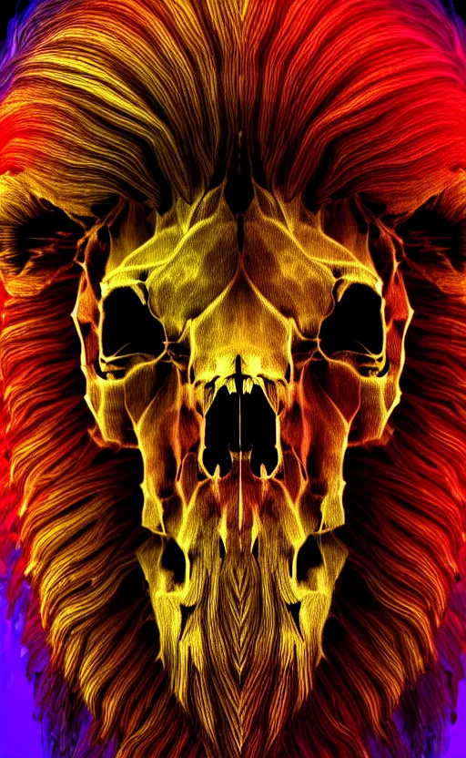 Image similar to highly detailed photo of psychedelic lion skull in the style of Greg Rutswoski, concept art, 8K detail post-processing