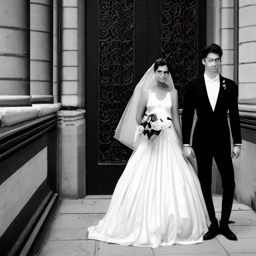 Image similar to an extremely beautiful couple in their 20s get married with a small intimate audience at marylebone town hall, the groom wears an elegant gucci suit, the bride wears a medium-length bridal gown with an exquisite veil, david bailey takes the photos, black and white, ilford ilfocolour 400, tlr rolleiflex T, octane render, 4k, realistic, hyperrealistic, highly detailed, strong bokeh around the faces of the couple, short depth of field, f/1.8