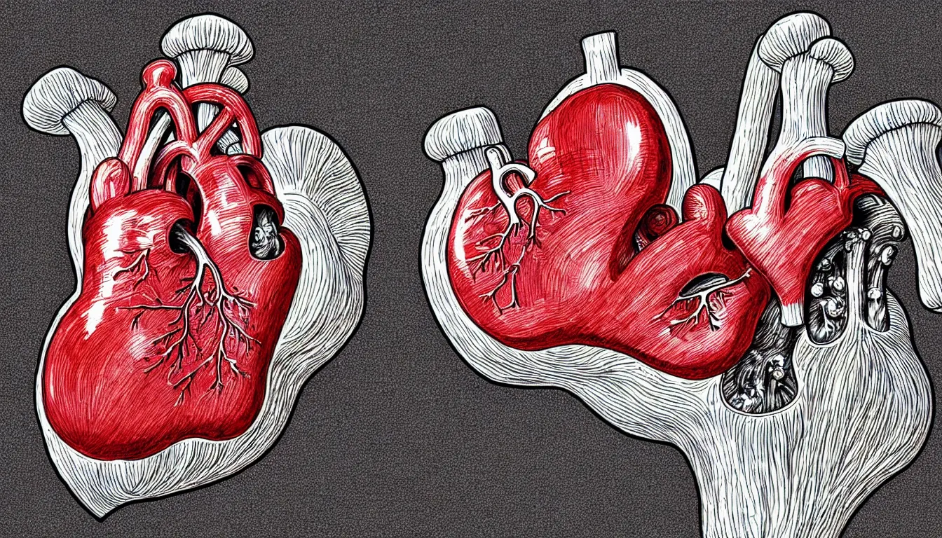 Prompt: a human heart with mushrooms growing out of the valves, anatomically correct drawing