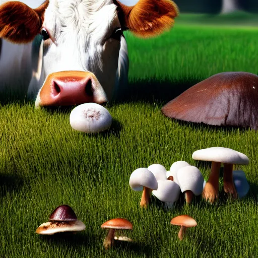 Prompt: accurate photorealistic cow and a bunch of mushrooms growing on the ground, 8 k resolution