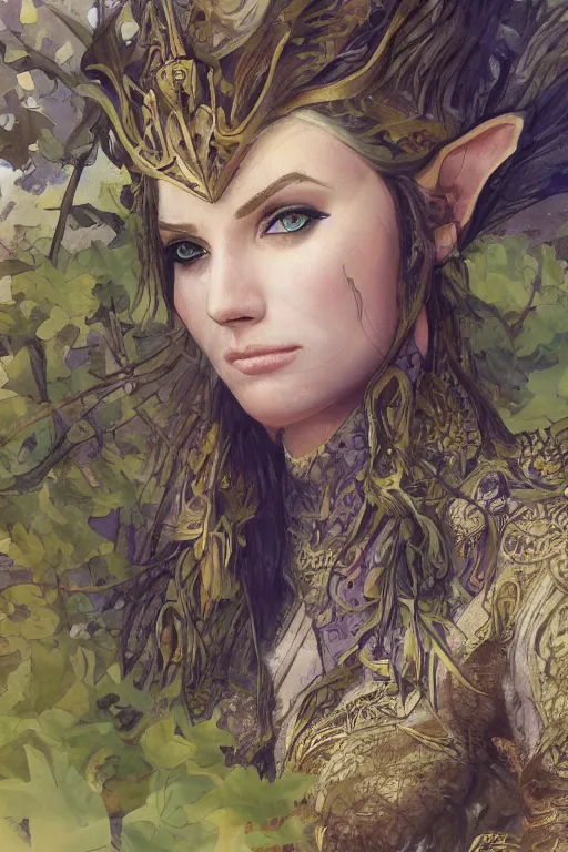 Image similar to female elven hunter armor made of yellow leaves, fantasy, amber eyes, face, long hair, intricate, elegant, highly detailed, digital painting, artstation, concept art, smooth, sharp focus, illustration, art by artgerm and greg rutkowski and alphonse mucha