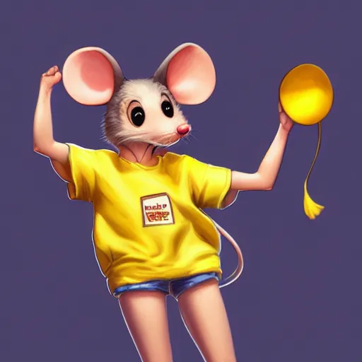 Image similar to anthropomorphic mouse wearing denim short shorts and yellow tank top, highly detailed, artgerm style, artstation, soft light, sharp focus, illustration, character design, concept art