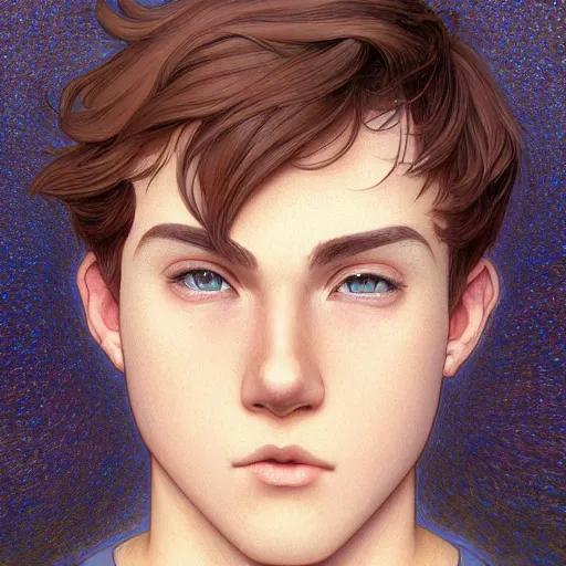 Image similar to teen boy with short brown hair and big blue eyes, wearing a hoodie, path traced, highly detailed, high quality, digital painting, by don bluth and ross tran and studio ghibli and alphonse mucha, artgerm, tankoban, 4 k, fantasy painting, pixar animation style, rossdraws, wlop, sylvain sarrailh