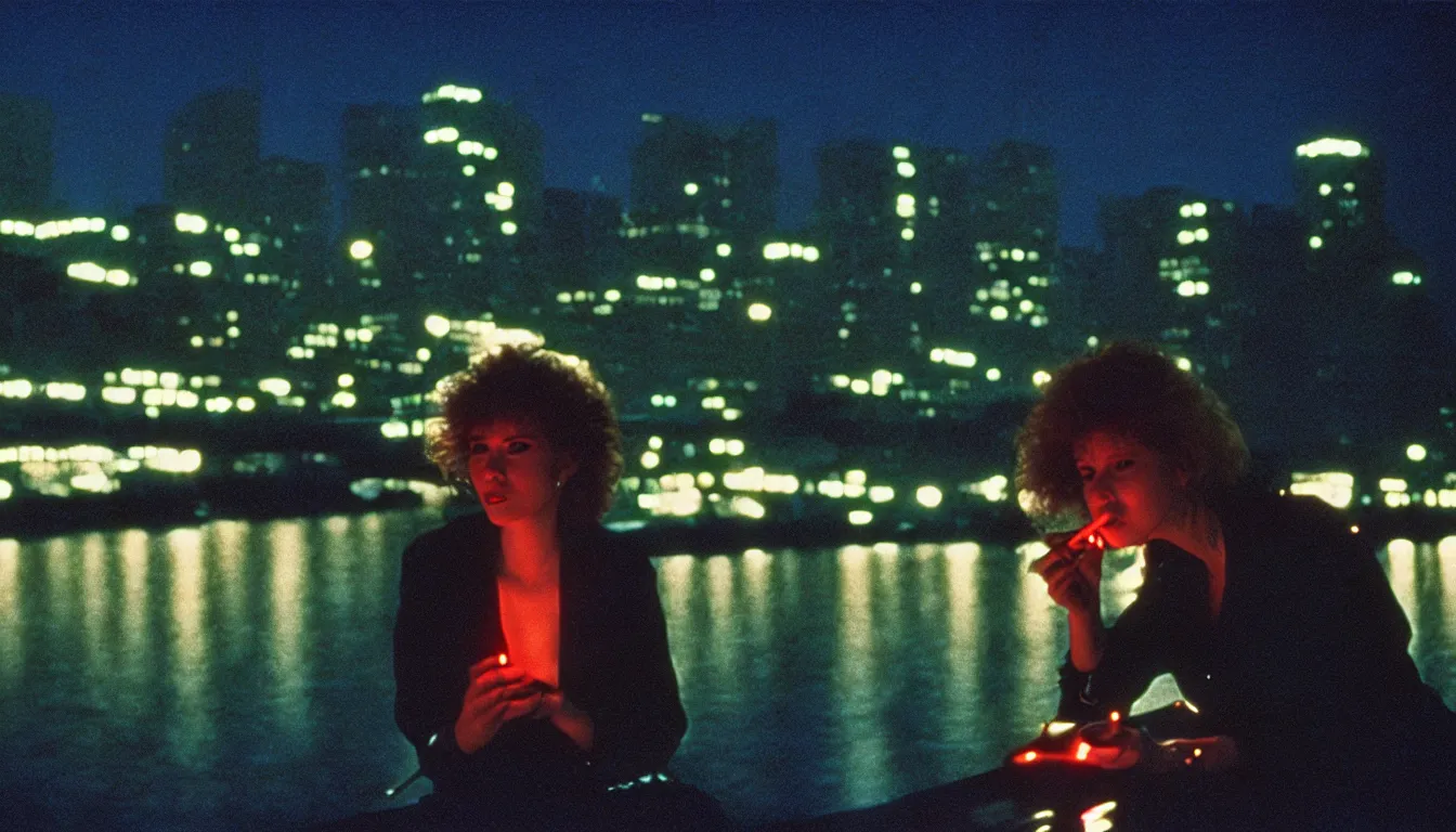 Image similar to 80s neon movie still with a woman by the river, smoking a cigarette, at night with city lights behind her back. movie still. hyperrealistic, high definition, medium format photography, highly detailed, tehnicolor, anamorphic 50mm lens