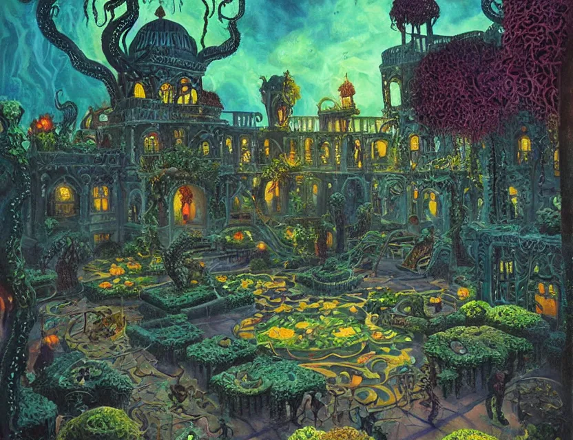 Prompt: lovecraftian eldritch persian palace garden. this oil painting by the beloved children's book illustrator has dramatic lighting, an interesting color scheme and great sense of depth.