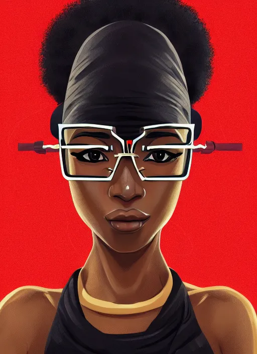 Prompt: attractive female portrait of african ninja, with glasses on, with afro, deep black background, rule of thirds, uplight, intricate, symmetrical!!, anime, prism highlights, depth of field, cinematic, filmic, vsco, concept art, artstation, digital painting, elegant, epic, focus