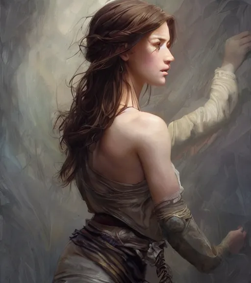 Image similar to portrait of a young woman, soft features, muscular, half body, cloth, hazel eyes, short brown hair, back light, d & d, fantasy, intricate, highly detailed, digital painting, artstation, concept art, smooth, sharp focus, illustration, art by artgerm and greg rutkowski and alphonse mucha