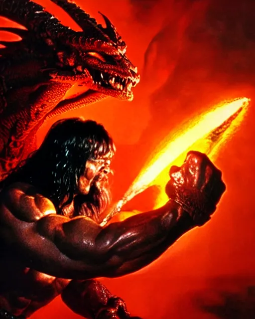 Prompt: closeup Photo of Conan the Barbarian punching a fire dragon in a lava dungeon, rim lighting, unreal, octane, Frank frazetta, vibrant color, dramatic lighting, Edgar Rice Burroughs, ray tracing