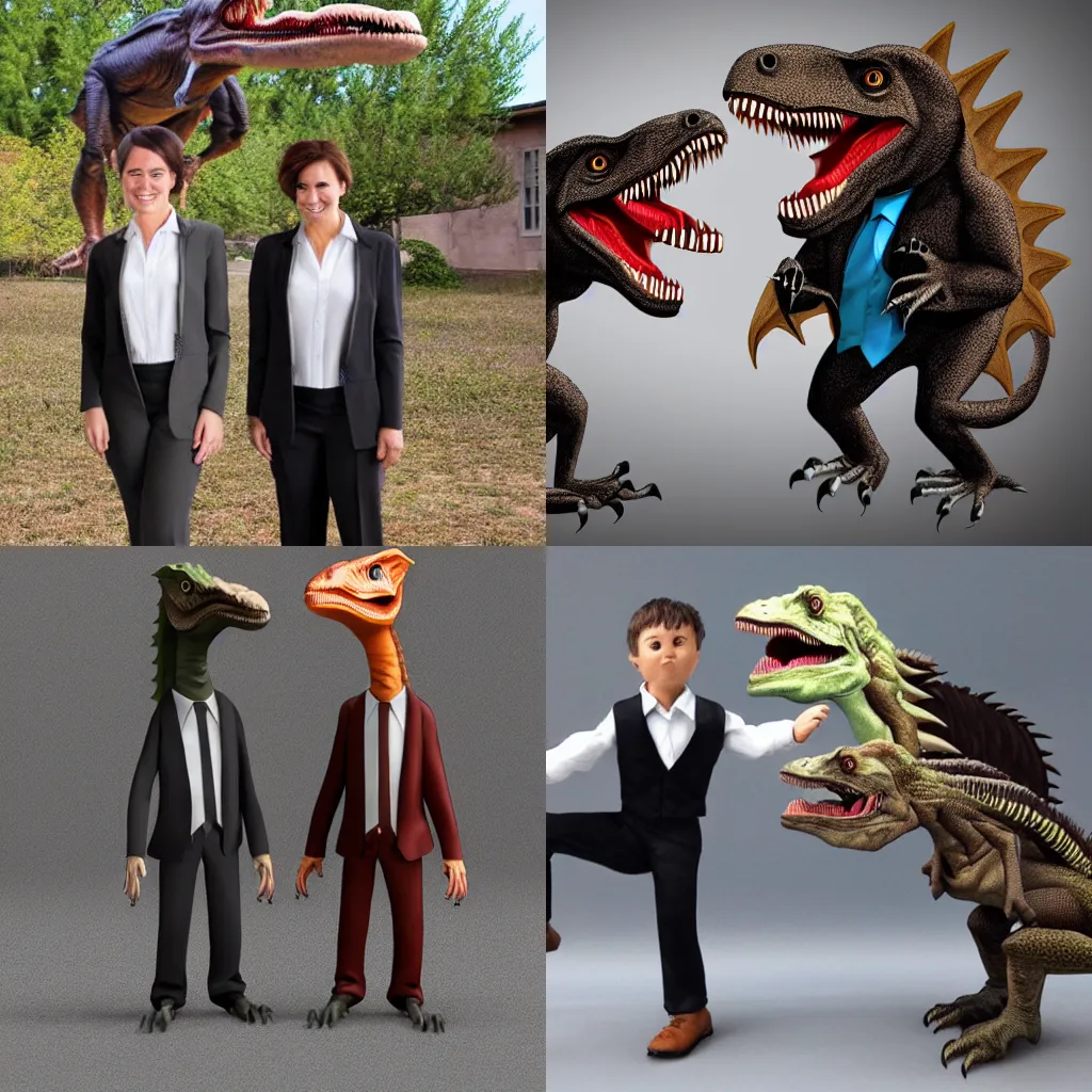 Prompt: velociraptor and tyrannosaurus rex wearing business suits