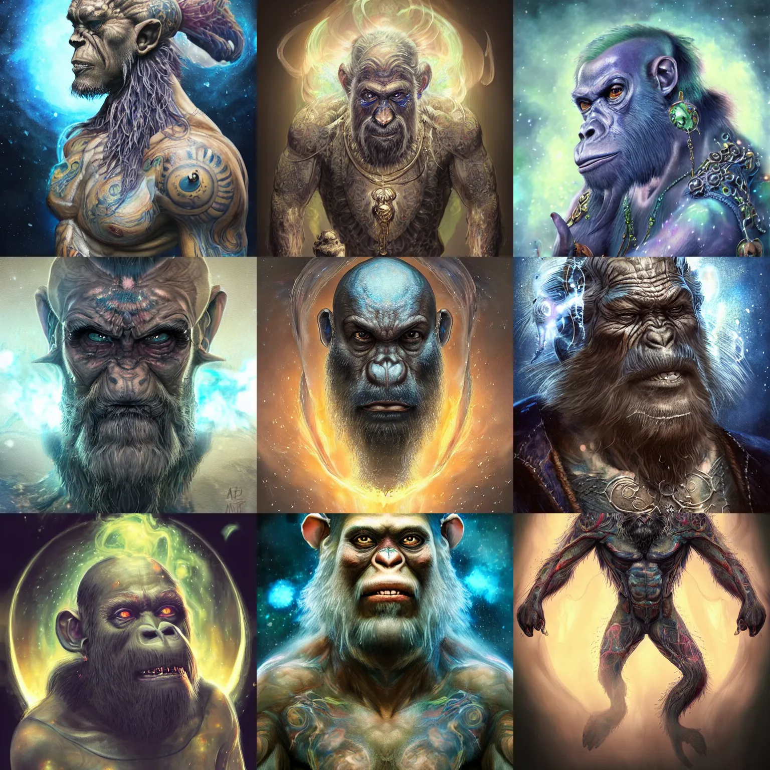 Image similar to a wlop 3 d render of very very very very highly detailed beautiful mystic portrait of a ghost toxic ape warrior with whirling galaxy around, tattoos by anton pieck, intricate, extremely detailed, digital painting, artstation, concept art, smooth, sharp focus, illustration, intimidating lighting, incredible art,
